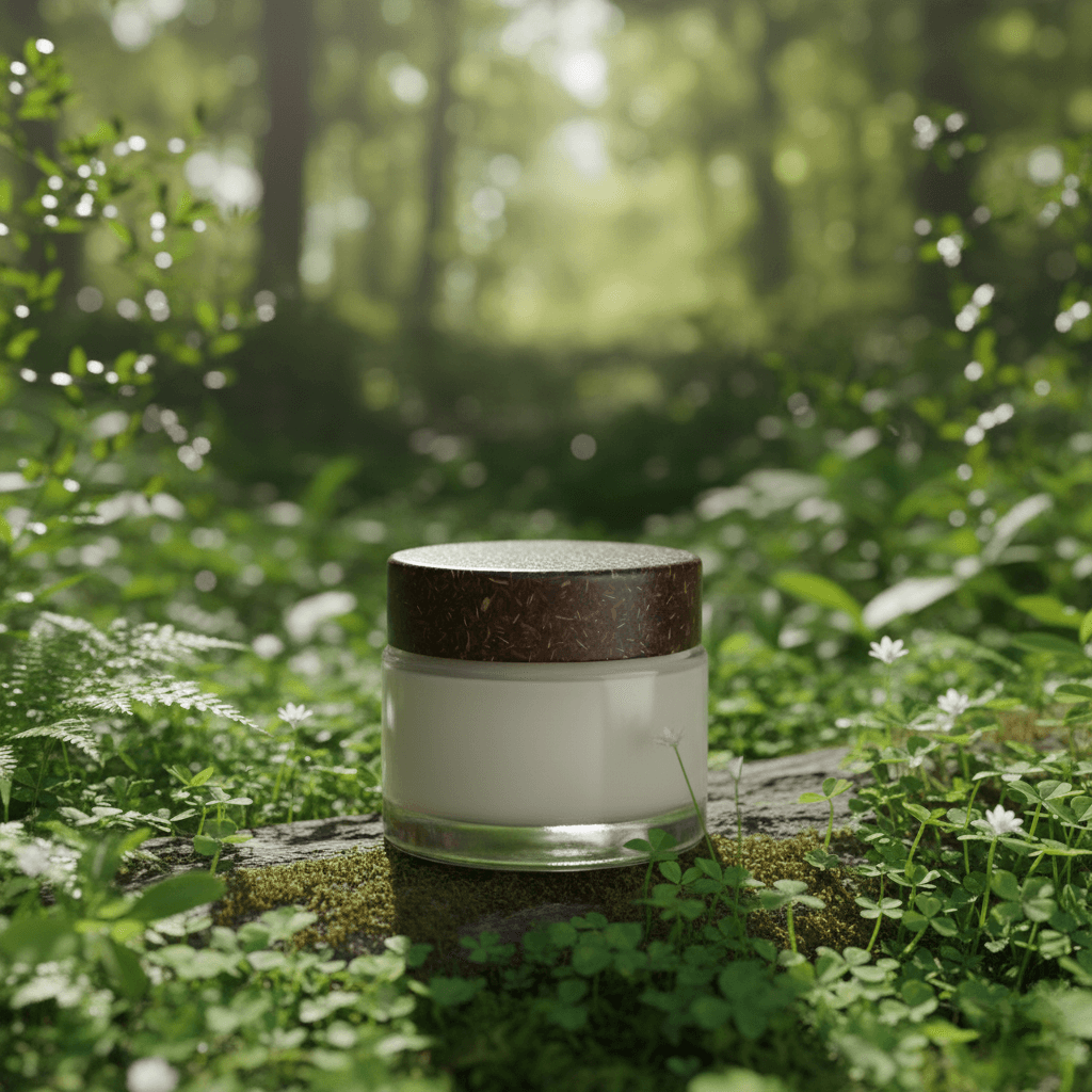 Sustainable cosmetic jar with coir cap in natural forest setting